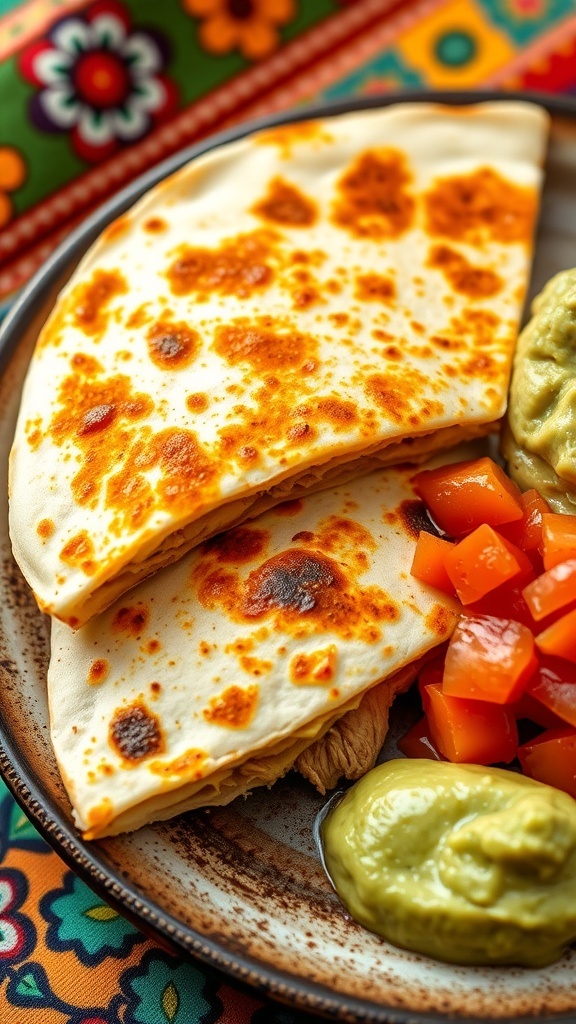 Chicken quesadilla cut into wedges with melted cheese and chicken, served with salsa and guacamole.